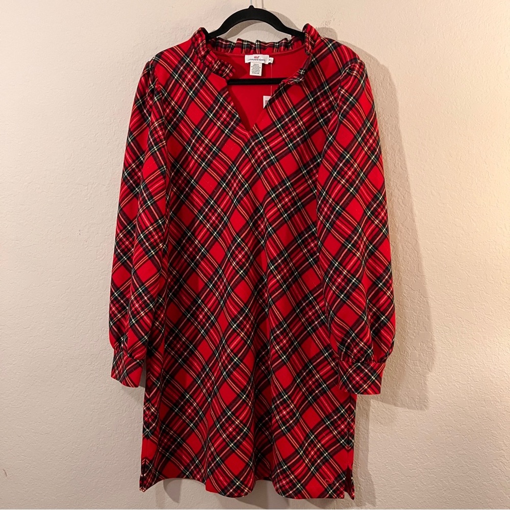 Vineyard Vines Red Royal Plaid Poplin Popover A-Line Ruffle Dress Size 16